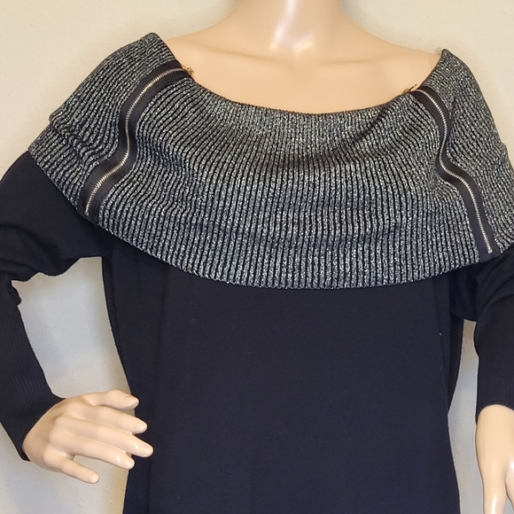 Woman's Sz 1X Black Off the Shoulder Metallic Cowl Neck Sweater by QUESTIONS - Picture 3 of 6